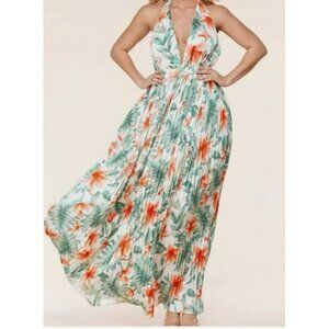 L’Atiste Tropical Floral Halter Bodice Pleated Skirt Maxi dress-Size Small NWT